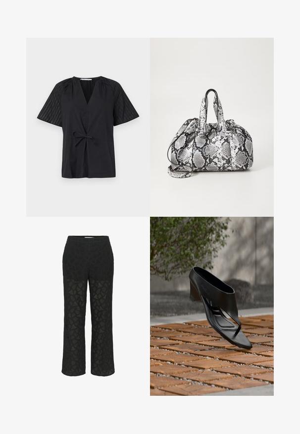 Haut noir avec un col en V, manches courtes et une taille à nouer. Présente un tissu texturé et à motifs sur les manches et un corps lisse.; Pantalons en dentelle noire avec un motif, des jambes larges, et une taille douce, avec des sections transparentes pour ajouter de la texture.; Sandale noire à talon haut avec une lanière entre les orteils, flottant au-dessus d'une surface extérieure en bois et gravier à motifs, avec un arrière-plan flou de verdure et un mur.; Sac à main en motif peau de serpent noir et blanc avec deux poignées, une fermeture à cordon et une bandoulière amovible. Texture lisse.