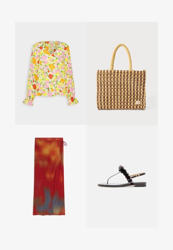 Progetto Quid ALGERI - Blouse - light yellow; Jupe longue plissée avec un motif tie-dye rouge, orange, jaune et bleu, avec un nœud noué sur le côté à la taille.; Sandale plate noire avec bride en T ornée de sequins et boucle de cheville ajustable sur un fond clair.; Sac tissé marron et jaune, de forme rectangulaire, avec deux poignées, et une finition texturée avec des coutures visibles et une étiquette de marque.