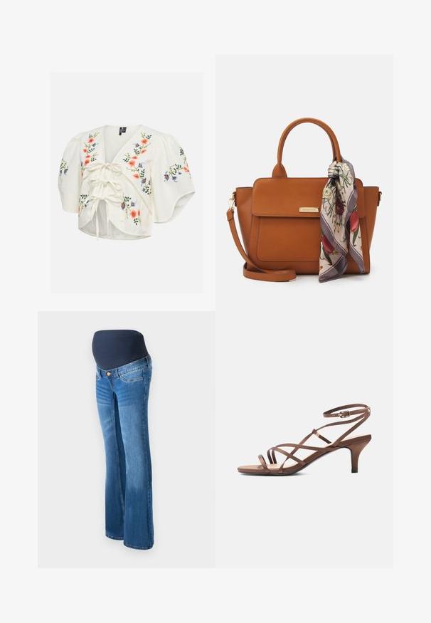 Hvid bluse med puffede ærmer, blomsterbroderi i orange, blå og grøn samt tre forreste bånd.; Graviditetsjeans lavet af blå denim, med en mørkeblå strækpanel i taljen, udfoldede ben og klassisk fem-lomme design.; Brun sandal med tynde stropper, ankelspænde og mellemhøj hæl, vist fra siden på hvid baggrund.; Brun læderhåndtaske med et struktureret design. Har en frontklap, dobbelt håndtag, en aftagelig skulderrem og et blomster tørklæde bundet på den ene side.