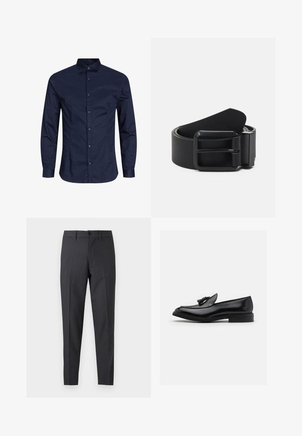 Navy blauwe langärmige button-up shirt, katoen stof, met kraag, voorste knoopsluiting, gladde textuur, zonder merkbare patronen of accenten.; Donkergrijze op maat gemaakte broek met voorste knoop en riemlussen, plat tegen een witte achtergrond weergegeven.; ALDO PORTOS PILLOW WALK - Zakelijke loafers - black; Zwarte leren riem met een matte zwarte metalen gesp, met een vlak, glad oppervlak en een taps toelopend einde. Eenvoudig ontwerp zonder versieringen.