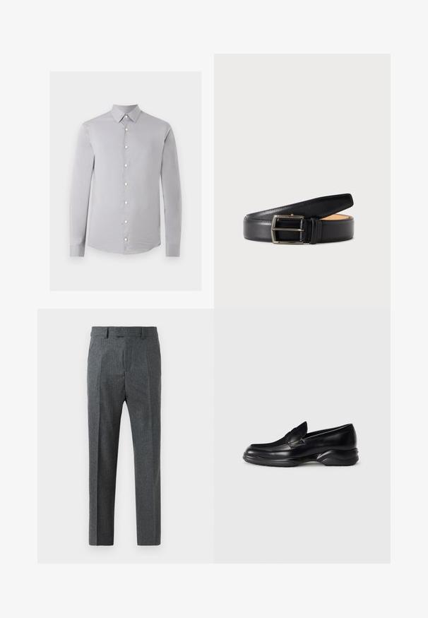 Camisa de manga larga de color gris claro con botones, cuello puntiagudo y botones blancos, mostrada sobre un fondo blanco liso.; Pantalones grises ajustados con un fino estampado de cuadro, diseño de pierna recta y una textura de tela suave. Cuenta con trabillas para cinturón y cierre de cremallera.; Mocasines de piel negra con una suela de goma texturizada y baja, y un diseño de costura en la parte superior. Presenta una punta redondeada y mínimas ornamentaciones.; Cinturón de cuero negro con hebilla rectangular plateada enrollado sobre un fondo liso y claro.