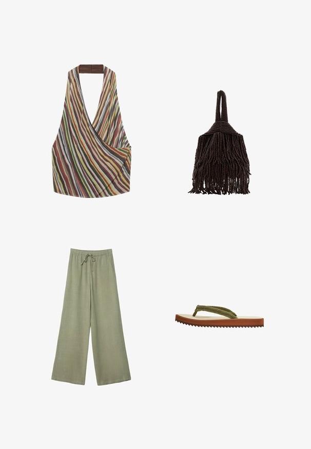 Sac bandoulière en tissu rayé avec des rayures diagonales multicolores rouges, vertes, jaunes et grises, doté d'une large sangle et d'un design drapé.; Pantalons larges en lin olive clair, avec une ceinture élastique avec cordon de serrage et des poches latérales. Texture lisse.; Tongs simples avec semelle intérieure beige, semelle extérieure marron cannelée, et brides tressées en tissu vert olive sur fond blanc.; Petit sac à main marron foncé couvert de rangées denses de perles avec une anse bouclée et un design frangé et texturé.