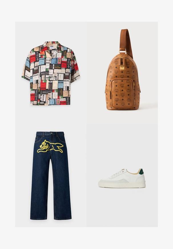 Kurzärmliges Hemd zum Knöpfen mit bunten rechteckigen Moschino-Logo-Patches in verschiedenen Ausrichtungen auf weißem Hintergrund.; Dunkelblaue Jeans aus Denim mit einer großen gelben Grafik eines springenden Charakters auf der Gesäßtasche. Gerades Bein-Design mit standardmäßiger Nähtechnik.; Weiße Sneaker mit Wildlederelementen, runder Zehenpartie, flachen Schnürsenkeln und einer cremefarbenen Gummisohle. Mit grünen Markenlogo am Fersenbereich.; Brauner Leder-Slings-Rucksack mit schwarzem Diamant- und MCM-Logo-Muster, Frontreißverschlusstasche, goldenem Reißverschluss und verstellbarem Riemen.
