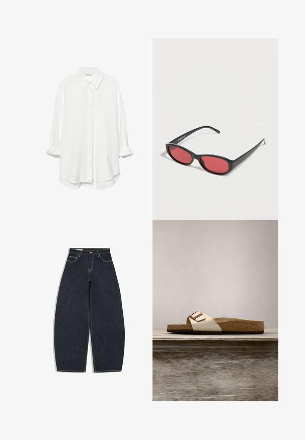 Stradivarius RUSTIKALES DAILY - Hemdbluse - white; Dunkelblaue Jeans mit weitem Bein, hoher Taille, vorderem Knopf, Reißverschluss und Fünf-Taschen-Design auf weißem Hintergrund.; Slide-Sandale mit einem leichten metallischen Obermaterial, Korkfußbett und strukturiertem braunem Gummisohle. Schnalle mit Logo-Akzent.; Schwarze ovale Sonnenbrille mit schlanken Bügeln und rot getönten Gläsern, die auf einer weißen Oberfläche liegt.