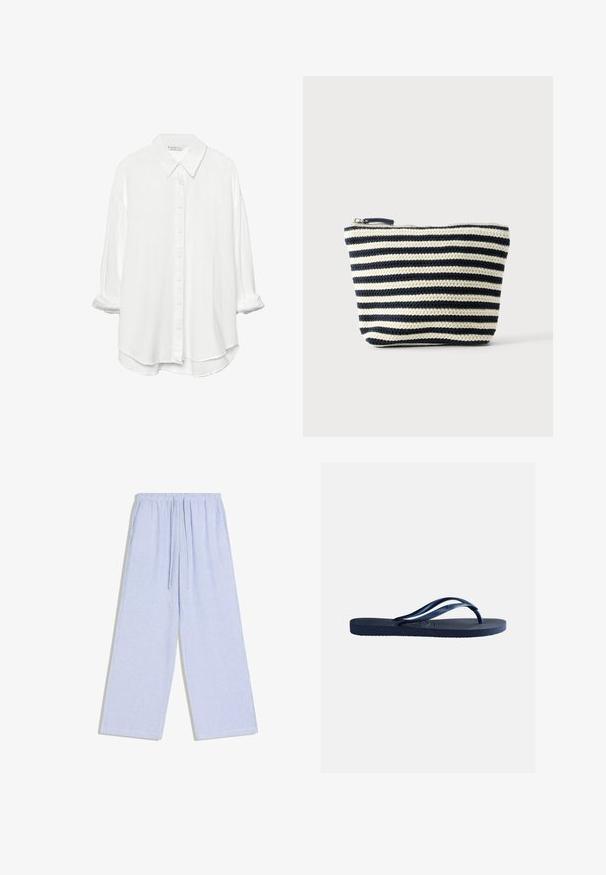 Stradivarius RUSTIKALES DAILY - Skjortebluser - white; Lyseblå og hvide løstsiddende bukser med lodrette striber, elastisk talje og snøre foran, vist fladt.; Marineblå gummiflip-flop med tekstureret sål og Y-formede stropper, isoleret på ensartet lysegrå baggrund.; Lille lynlåspung med vandrette sorte og hvide strikkede striber, flad bund og synlig lynlåstrækker øverst.
