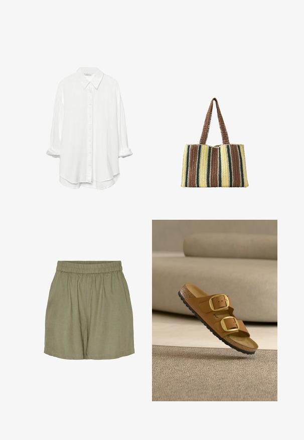 Stradivarius RUSTIKALES DAILY - Chemisier - white; Shorts en lin à taille élastique de couleur vert olive, avec une coupe décontractée, un drapé casual et un ourlet raffiné. Tissu léger et respirant.; Sandale marron avec deux grandes boucles dorées et semelle en liège flottant au-dessus d'un tapis beige et d'un canapé en arrière-plan.; Sac fourre-tout tissé à la main avec des rayures verticales marron, crème et vert foncé, doté de deux longues anses marron.