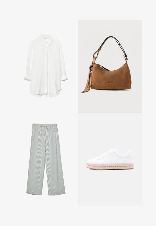 Stradivarius RUSTIKALES DAILY - Chemisier - white; Pantalons légers à jambes larges avec un motif rayé vertical vert et blanc. Présentent une taille élastique avec une fermeture à cordon.; Baskets en toile blanche avec un bout arrondi, fermeture à lacets à l'avant et une semelle en corde naturelle texturée de couleur marron clair. Détails de couture simples.; Sac à main en daim marron Tommy Hilfiger avec bandoulière réglable noire et marron et détail de pompon sur fond blanc.