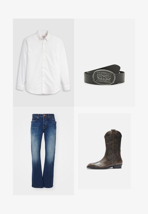 Chemise blanche à boutons en coton avec manches longues, col classique et ourlet arrondi. Dotée de boutons jaunes et d'un branding discret.; Jean en denim bleu avec une coupe évasée, cinq poches et une fermeture à bouton en laiton. Présente un léger délavage et des coutures contrastées.; Botte de cow-boy en cuir marron avec un long tige, un bout pointu, des motifs de couture complexes et un petit talon. Finition texturée tout au long.; Ceinture en cuir noir avec une boucle ovale en argent, décorée de graphiques en relief et de texte, comprenant un motif de cheval et le nom de la marque.