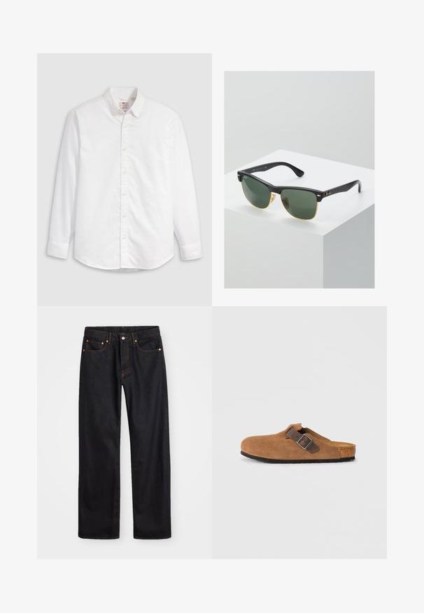Wit overhemd van katoen met lange mouwen, een kraag en een gebogen zoom. Voorzien van gele knopen en subtiele merkdetails.; Heren straight-leg zwarte denim jeans met vijf zakken en oranje stiksels, knoop- en ritssluiting op de voorkant van de tailleband.; Bruine suede klompen met een verstelbare bruine leren band en zilveren gesp, voorzien van een gevormde kurken voetbed en een gestructureerde rubberen zool.; Ray-Ban zonnebrillen met groene lenzen, zwarte plastic monturen en gouden accenten aan de randen. Vierkante vorm met een matte afwerking.