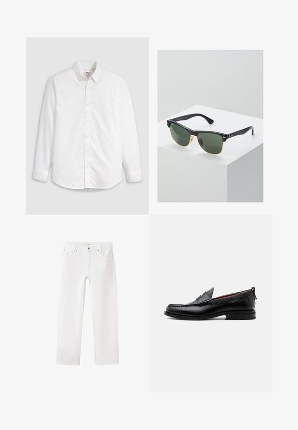 Chemise blanche à boutons en coton avec manches longues, col classique et ourlet arrondi. Dotée de boutons jaunes et d'un branding discret.; Jean blanc à jambes droites avec poches avant, passants pour ceinture et fermeture par bouton sur fond blanc uni.; Mocassin homme en cuir noir avec couture moc toe, bride penny, col texturé et petit talon empilé sur fond blanc.; Lunettes de soleil Ray-Ban avec des verres verts, monture en plastique noir et accents dorés sur les bords. Forme carrée avec une finition mate.