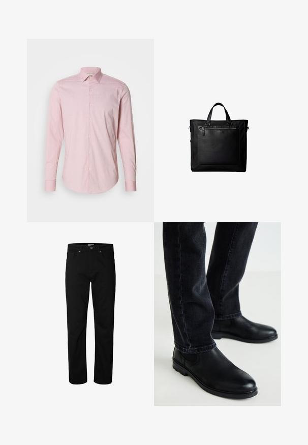 Helles rosa Hemd mit feinem Streifenmuster, langen Ärmeln, einem Kentkragen und abgerundetem Saum. Verfügt über cremefarbene Knöpfe.; Schwarze Jeans mit geradem Bein, Knopf- und Reißverschluss, Gürtelschlaufen und Taschen vorne und hinten, vor weißem Hintergrund dargestellt.; Schwarze Leder-Stiefeletten mit runder Zehenform und elastischen Seitenpaneelen, kombiniert mit dunklen Jeans, die eine glatte Textur und ein schlankes Design zeigen.; Schwarze Tragetasche mit Doppelgriffen, großer vorderer Ledertasche mit Reißverschluss und dezentem Calvin Klein-Logo in der Mitte der Tasche.