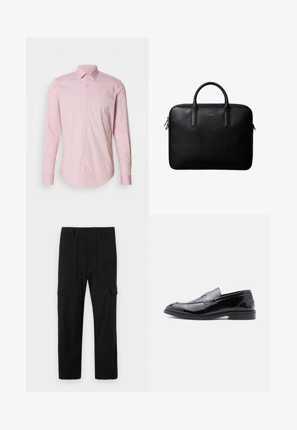 Camisa de botones rosa claro con un sutil patrón de rayas, mangas largas, cuello extendido y dobladillo redondeado. Presenta botones de color crema.; Pantalones cargo negros hechos de tejido ligero, con un diseño de pierna recta, pliegues delanteros, bolsillos laterales y cierre de botón.; Mocasines de charol negro con acabado liso, punta redondeada y detalle decorativo de correa, con perfil bajo y suela de goma.; Maletín de cuero negro texturizado con doble asa y tiradores de cremallera plateados, centrado sobre fondo blanco.