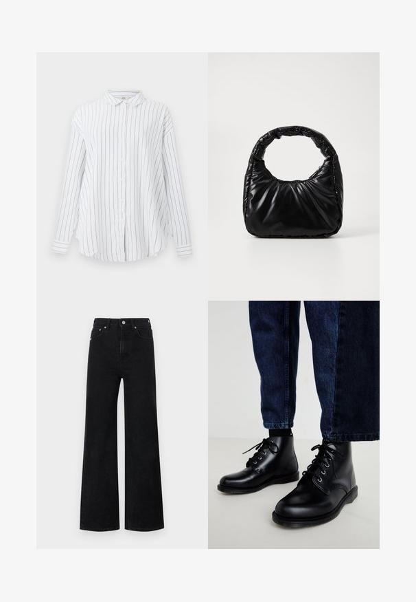 Witte lange mouwen overhemden met zwarte verticale streepjes en een klassieke kraag, weergegeven tegen een effen achtergrond.; Red Bull Racing x Pepe Jeans STRAIGHT FIT - Wide leg - blue denim; Zwarte leren enkellaarzen met ronde neuzen, een vetersluiting, zilveren veteroogjes en getextureerde zolen, gecombineerd met donkerblauwe spijkerbroeken.; Zwarte gevoerde handtas met een ronde handgreep, met een gladde, glanzende oppervlakte en een zachte, gewatteerde textuur. Geen zichtbare metalen onderdelen of accenten.