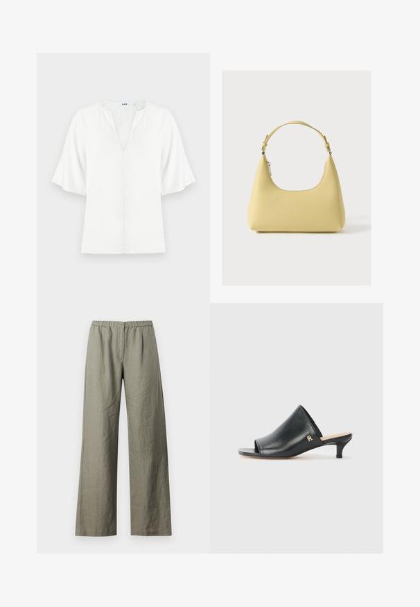 Blouse blanche avec un décolleté en V et des manches courtes larges. Fabriquée en tissu léger, elle présente une texture simple et lisse sans motifs visibles.; Samsøe Samsøe SATOVE TROUSERS - Pantalon classique - vetiver; Mules ouverts en cuir noir avec un talon bas. Présentent une surface lisse et un accent logo doré sur le côté.; Sac à main en cuir jaune avec une silhouette incurvée, une bandoulière courte réglable et un compartiment zippé. Présente un logo subtil à l'avant.