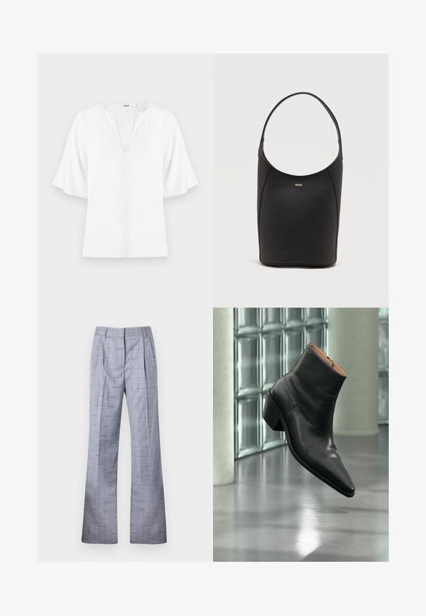 Blouse blanche avec un décolleté en V et des manches courtes larges. Fabriquée en tissu léger, elle présente une texture simple et lisse sans motifs visibles.; Pantalons à carreaux gris avec une coupe ample, comportant des plis et une texture subtile. Fabriqués en tissu léger avec une coupe ajustée.; Bottine en cuir noir avec un bout pointu et un talon carré lévitant au-dessus d'un sol gris réfléchissant près d'un mur en blocs de verre.; Sac seau en cuir noir avec une seule bandoulière et un petit logo BOSS doré centré près du haut à l'avant.