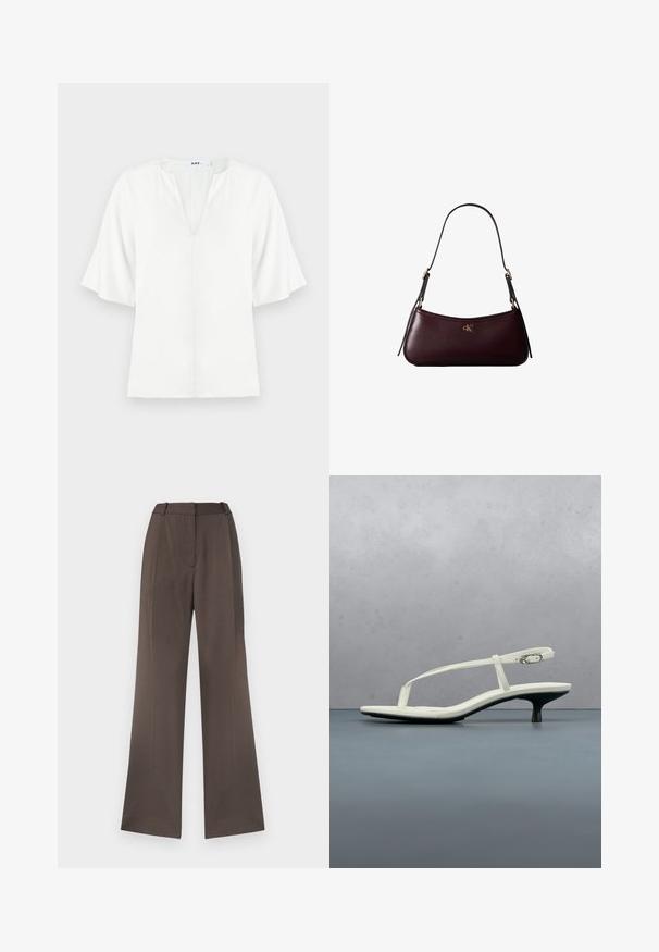 Blusa blanca con escote en V y mangas cortas amplias. Está hecha de una tela ligera y presenta una textura simple y suave, sin patrones visibles.; Pantalones de pierna ancha en una tela marrón sólida, con una textura suave, lazos para cinturón, pliegue frontal y sin bolsillos visibles.; Sandalia blanca de tacón kitten con tiras y punta afilada, flotando sobre un suelo de baldosas de madera al aire libre, con un fondo desenfocado de plantas y pared.; Bolso de mano de cuero burdeos oscuro con una delgada correa negra para el hombro y pequeño logo dorado "cK" en el centro delantero.