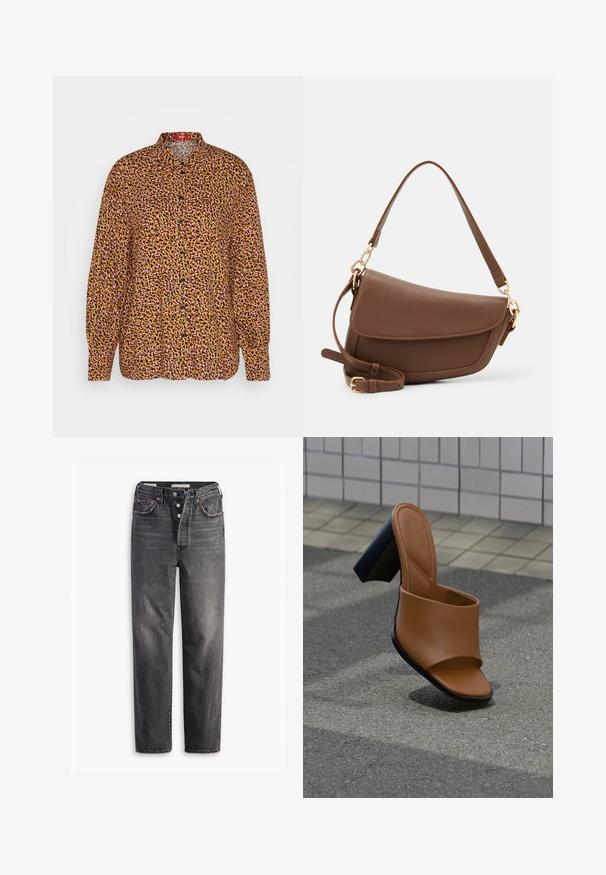 Langærmet skjorte med knapper i et multicolor abstrakt mønster af orange, pink og sort på en lys baggrund, med krave.; Svarte denimjeans med lige snit, fem lommer, knaplukning og kontrasterende syninger. Struktureret stof med en falmet finish.; Brun slip-in sandal i kunstlæder med en glat tekstur, åben tå og en chunky sort hæl. Minimalistisk design med en bred rem tværs over foden.; Brun læder skuldertaske med en tekstureret overflade, buet form, guldfarvet hardware, justerbar rem og klaplukning.