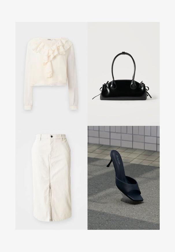 Hvid langærmet bluse med V-hals og rynket frontdetalje. Lavet af letvægtsstof, har et cropped design og blød tekstur.; Beige bomulds midi skirt med frontslids, øverste knaplukning og uden synlige lommer. Flad talje og glat tekstur.; Sort højhælet mule sko med åben tå og "RAID" mærkning på indersålen, placeret på gråt fortov nær flisebelagt væg.; Lille sort blank håndtaske med to lange håndtag og snøre-detaljer i siden på en ensfarvet lys baggrund.