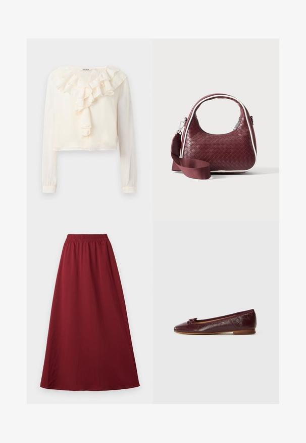 Hvid langærmet bluse med V-hals og rynket frontdetalje. Lavet af letvægtsstof, har et cropped design og blød tekstur.; Bordeaux maxi nederdel med elastisk talje, der har et glat, flydende stof og et enkelt, uprydet design.; Bordeaux læder balletflade med spids tå, en lille sløjfe accent og en tekstureret finish. Lav træhæl.; Mørkerød vævet lædertaske med buet hank, hvid kant, sølv lynlås og aftagelig bred stofskulderrem mod en ensfarvet baggrund.