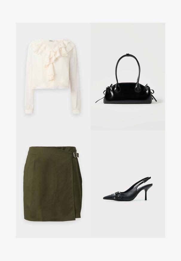Blouse blanche à manches longues avec un col en V et des détails froncés à l'avant. Fabriquée en tissu léger, elle présente une coupe courte et une texture douce.; Jupe portefeuille en vert olive dans un tissu léger, avec une fermeture à boucle sur le côté et un ourlet légèrement asymétrique. Texture lisse.; Escarpin slingback à talon haut en cuir noir avec bout pointu, boucle et détail de bride œillet à l'avant.; Petit sac à main noir brillant avec deux longues anses et des détails à cordon sur les côtés sur un fond clair uni.