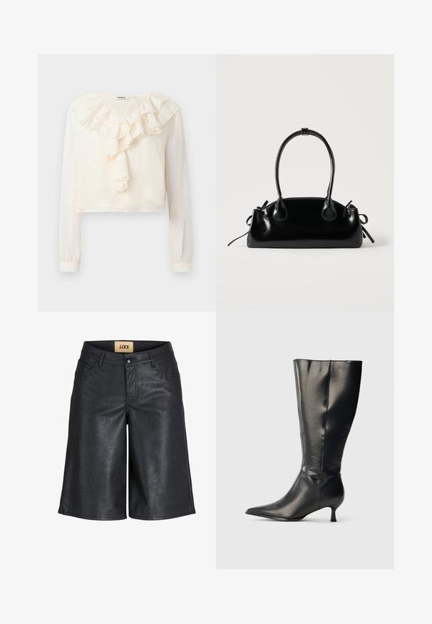Hvid langærmet bluse med V-hals og rynket frontdetalje. Lavet af letvægtsstof, har et cropped design og blød tekstur.; Sorte knælange shorts i imiteret læder med frontknap, bæltestropper og JJXX-mærke på den indvendige talje.; Sort knæhøj læderstøvle med spids tå og lav kittenhæl, vist på en enkel lys baggrund.; Lille sort blank håndtaske med to lange håndtag og snøre-detaljer i siden på en ensfarvet lys baggrund.