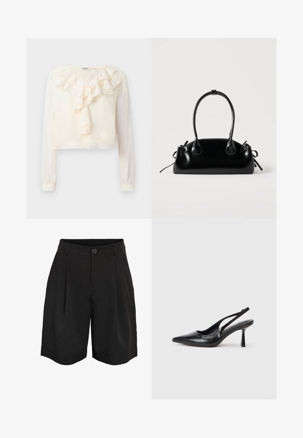 Blouse blanche à manches longues avec un col en V et des détails froncés à l'avant. Fabriquée en tissu léger, elle présente une coupe courte et une texture douce.; Shorts noirs sur mesure à genoux avec fermeture à boutons, passants pour ceinture et plis avant.; Chaussure à talon haut en cuir noir, à bride arrière, avec un bout pointu et un talon fin sur fond blanc.; Petit sac à main noir brillant avec deux longues anses et des détails à cordon sur les côtés sur un fond clair uni.