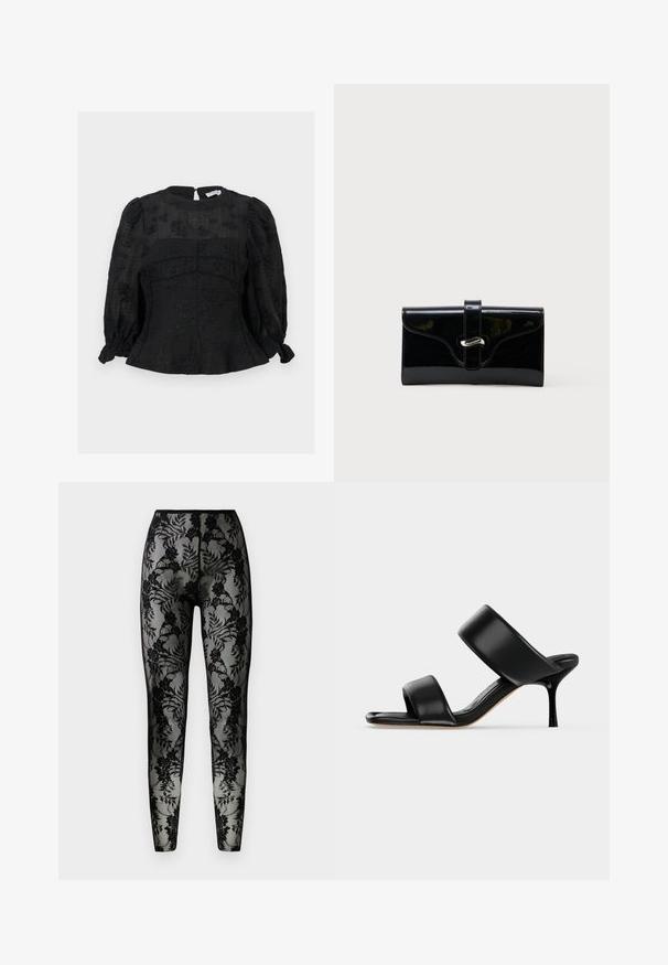 Sort langærmet bluse med subtile blomsterprint, pufærmer, taljeret pasform og lynlås bagpå.; Sorte blonde leggings med blomstermønster, gennemsigtigt stof og en tæt pasform, med en glat talje og lukkede sømme.; Sort læder mule sandal med to brede remme og en slank mellemhøj stiletthæl på en ensartet lys baggrund.; Sort blank rektangulær pung med forreste rem og sølvfarvet metalspænde, sat mod en ensfarvet hvid baggrund.