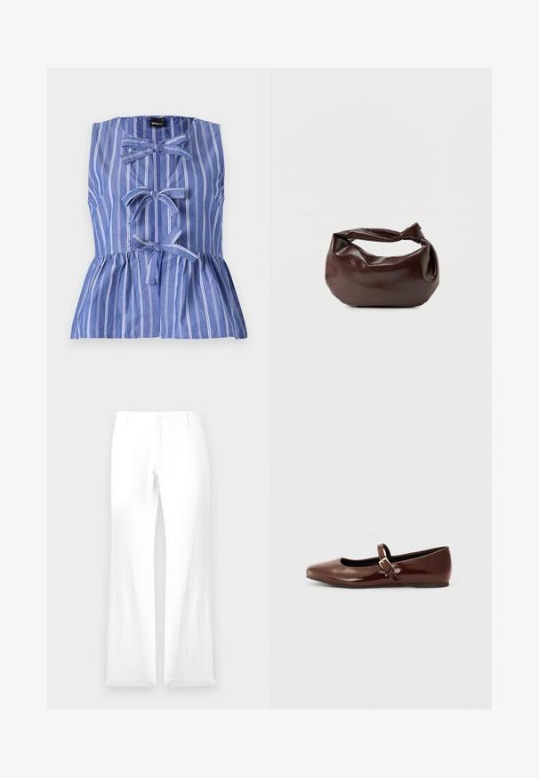 Top sin mangas a rayas azules y blancas, con un silueta peplum, acentos de lazo y cierre de botón en la parte delantera.; Pantalones de lino blancos con pierna recta, cierre de botón y sin patrones visibles. Textura suave y diseño minimalista.; Bailarina de charol marrón con punta cuadrada y tira que presenta una pequeña hebilla dorada. Textura suave, tacón bajo y diseño minimalista.; Bolso de hombro de cuero marrón oscuro con una forma suave y caída, y un asa con nudo torcido sobre un fondo blanco liso.