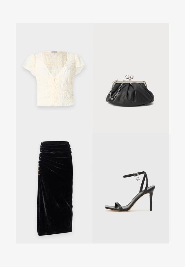Cremefarvet kortærmet top med smocked tekstur, V-hals og knaplukning. Letvægtsstof med diskrete pufærmer.; Rabanne Pencil skirt - black; Sort hæl-sandal med smal ankrem, firkantet tå-boks, glat lædermateriale og metalspænde som pynt.; Sort læder clutch med samlet tekstur, sølvfarvet metalramme, kys-lås lukning og kædestrop. Glat, blød overflade.
