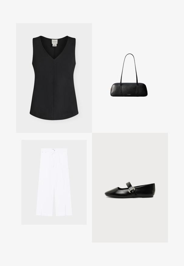 Schwarzes ärmelloses Damen-Top mit V-Ausschnitt, geradem Saum und einem Calvin Klein-Label innen am Halsausschnitt.; Weiße Hose mit weitem Bein, vorderen Schlitzen am Saum, Knopf- und Reißverschluss sowie schmalem Bund mit Gürtelschlaufen.; Schwarzer Ledermary-Jane-Flachschuh mit abgerundetem Zehenbereich und silberner Schnalle auf einfachem Hintergrund.; Schwarze rechteckige Lederhandtasche mit langen dünnen Tragegurten und goldenem "Calvin Klein"-Logo auf der Vorderseite in der Mitte.