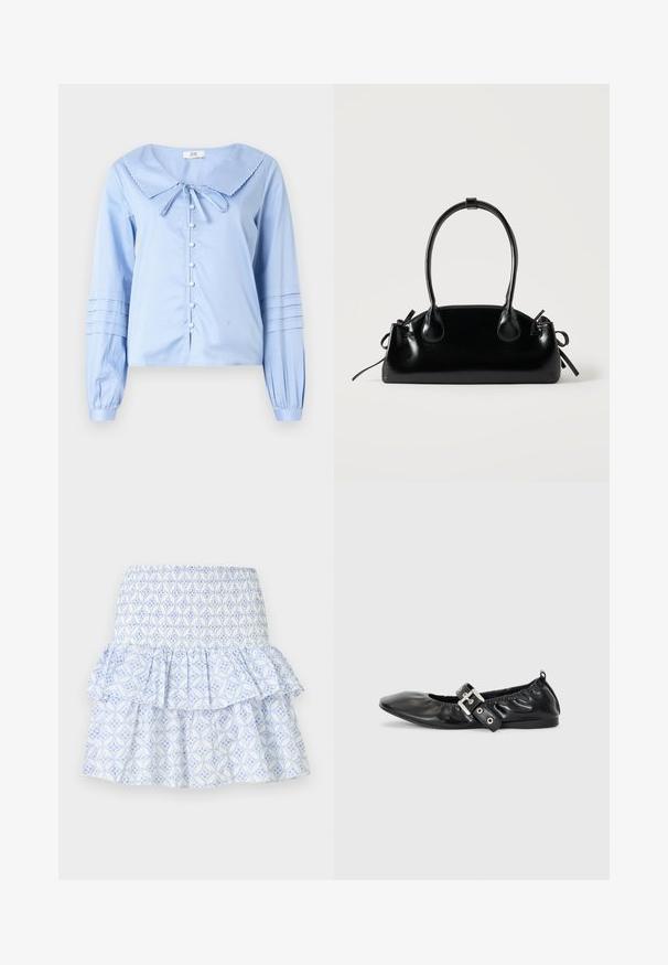 Blouse à manches longues bleu clair avec un grand col festonné, des boutons à l'avant, et des manches froncées avec des accents de plis.; Jupe blanche avec motif floral géométrique bleu, taille smockée et design à volants superposés.; Chaussure plate en cuir noir avec un nez pointu, des détails froncés autour de l'ouverture et un accent en boucle argentée sur la bride ajustable.; Petit sac à main noir brillant avec deux longues anses et des détails à cordon sur les côtés sur un fond clair uni.