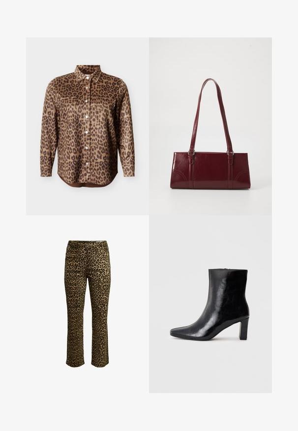 Langærmet skjorte med leopardprint, knapper foran, to brystlommer og spids krave på ensfarvet baggrund.; Leopardmønstret bukser med slim fit, knaplukning og syning i taljen samt let stræk for komfort.; Sorte ankelstøvler lavet af blank læder, med spidse tæer og en mellemstor blokhæl, med en glat tekstur og et enkelt design.; Bordeaux håndtaske lavet af glansfuldt materiale, rektangulær form, med to skulderremme og subtile buede detaljer på forsiden.