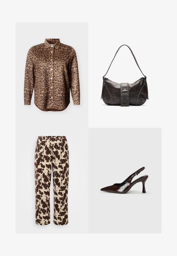 Langærmet skjorte med leopardprint, knapper foran, to brystlommer og spids krave på ensfarvet baggrund.; Brune og creme mønstrede sweatpants med elastisk talje og lige ben-design, fremstillet af blødt, let stof.; Brune patenterede læderslingback-sandaletter med spids tå, en tynd hæl og justerbar rem med en lille spænde.; Brun læder skuldertaske med en buet form, der har et fremtrædende spænde, kontrasterende syninger og en enkelt skulderrem.
