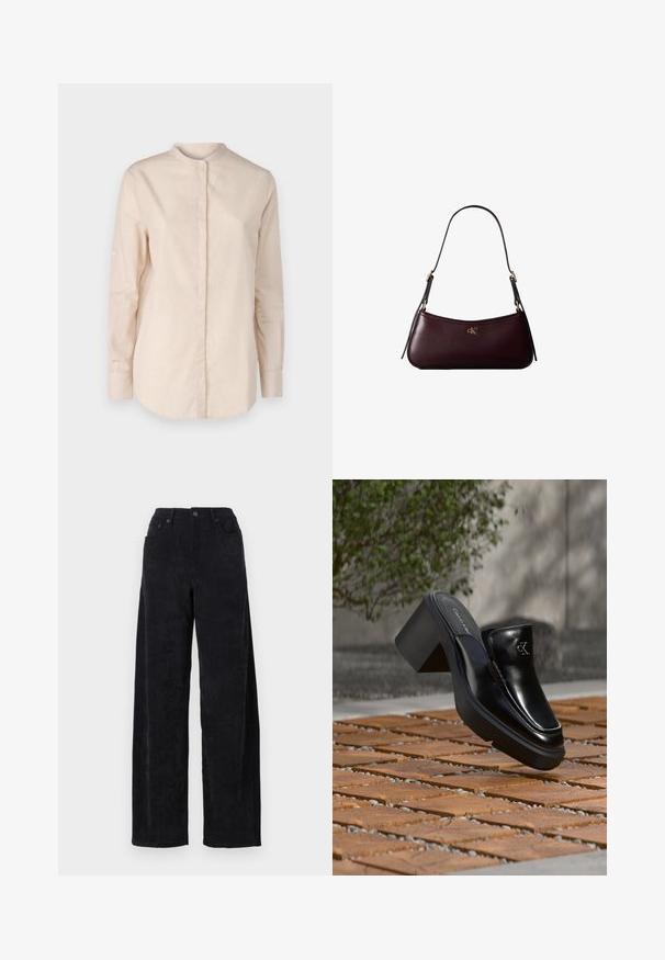 BOSS BEFELIZE - Blusa - open orange; Pantalones de sarga ancha negros con una cintura alta, que cuentan con dos bolsillos frontales y una sutil textura de canalé vertical.; Mule tipo slip-on de cuero negro de Calvin Klein con tacón de bloque descansando sobre baldosas de madera al aire libre cerca de una planta verde y una pared gris.; Bolso de mano de cuero burdeos oscuro con una delgada correa negra para el hombro y pequeño logo dorado "cK" en el centro delantero.