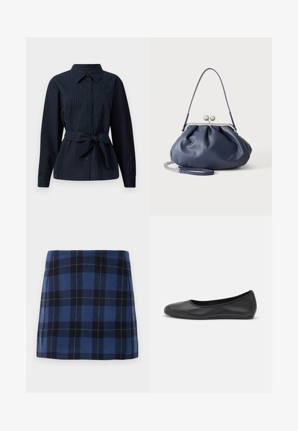 Chemise boutonnée marine foncé avec des rayures blanches verticales, manches longues, col, une poche poitrine et un détail de ceinture nouée à la taille.; Jupe mini en tartan bleu foncé et marine, fabriquée en tissu doux avec une finition légèrement texturée. Présente une coupe droite et des lignes épurées.; Ballerines en cuir noir avec un bout rond, texture lisse, détails de couture minimalistes et design de semelle flexible.; Sac à main en cuir bleu marine doux avec fermeture à boucle argentée, une seule bandoulière, et une chaîne de poignet amovible sur fond blanc.
