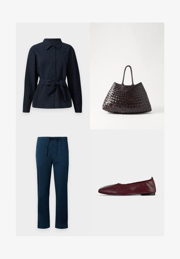 Camisa de botón azul marino oscuro con rayas verticales blancas, mangas largas, cuello, un bolsillo en el pecho y detalle de cinturón atado en la cintura.; Pantalones livianos de color azul marino con cintura elástica y cordón ajustable. Tela suave, diseño de pierna recta y dobladillo con puños.; Bailarina plana de piel burdeos con borde superior elástico fruncido y suela negra fina sobre fondo blanco.; DRAGON DIFFUSION SANTA CROCE BIG - Bolso de mano - dark brown