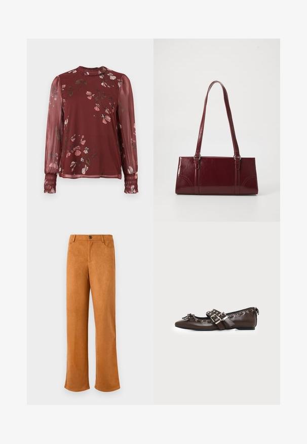 Blouse bordeaux transparente à manches longues avec imprimé floral rose, col montant à volants et poignets froncés.; Pantalons en cuir suédé marron avec une coupe droite, dotés d'une fermeture éclair, d'un bouton de fermeture et de poches avant classiques. Texture douce et couleur unie.; Chaussure plate en cuir marron foncé avec bout pointu, doubles brides à boucles argentées, œillets métalliques et nœud décoratif à l'avant.; Sac à main bordeaux en matériau brillant, de forme rectangulaire, avec deux anses et des accents légèrement courbés à l'avant.