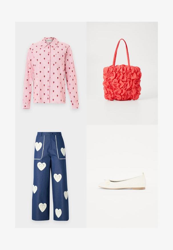 Langærmet pink og hvidstribet skjorte med røde jordbærmønstre og knapper foran, med krave og brystlomme.; Sister Jane HEART TO HEART - Jeans Straight Leg - blue denim; Hvide ballerinaer med et quiltet mønster, der har en lille sløjfe og en perle accenter på tåen. Lavt træhæle. Glat tekstur.; Koralfarvet tote bag med en tekstureret, samlet design. Lavet af blødt stof, med to robuste håndtag og et rummeligt indre.