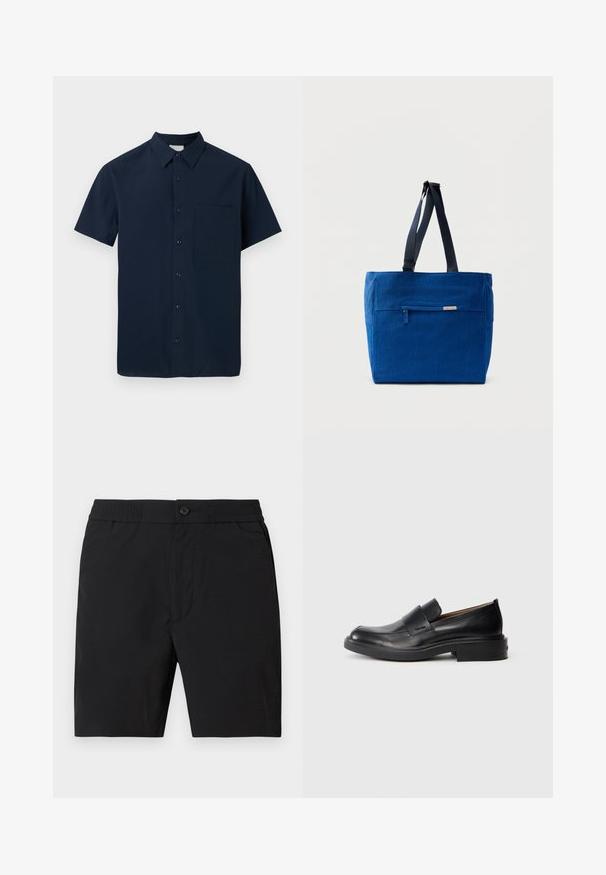 Chemise bleu marine à manches courtes avec col pointu et poche poitrine gauche, présentée sur un fond gris clair.; Shorts mi-longs pour hommes noirs avec taille élastique, fermeture par bouton et poches latérales, présentés sur un fond uni.; Chaussure habillée noire en cuir, à enfiler, avec un petit talon et un logo Calvin Klein discret sur le côté, présentée de profil sur un fond blanc.; Sac fourre-tout en toile bleue avec une poche zippée à l'avant, des doubles bretelles et une forme rectangulaire. Dispose d'une étiquette de marque discrète.