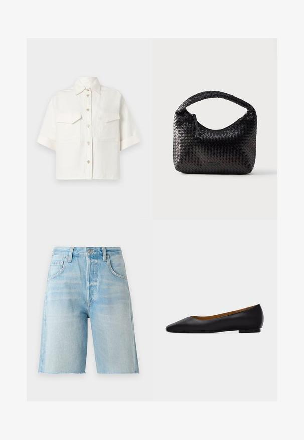 Hvid kortærmet skjorte med knapper, brystlommer, spids krave og afslappet pasform. Fremstillet af let stof med blød tekstur.; Lyseblå denimshorts med høj talje, fem lommer og rå kant. Blødt materiale og klassisk snit, velegnet til afslappet brug.; Sort læder flad sko med spids tå, lav hæl og glat finish, vist fra siden på en lysegrå baggrund.; Sort flet læderhåndtaske med et buet håndtag, der har lynlås og glat tekstur. Kompakt design med rundet form.