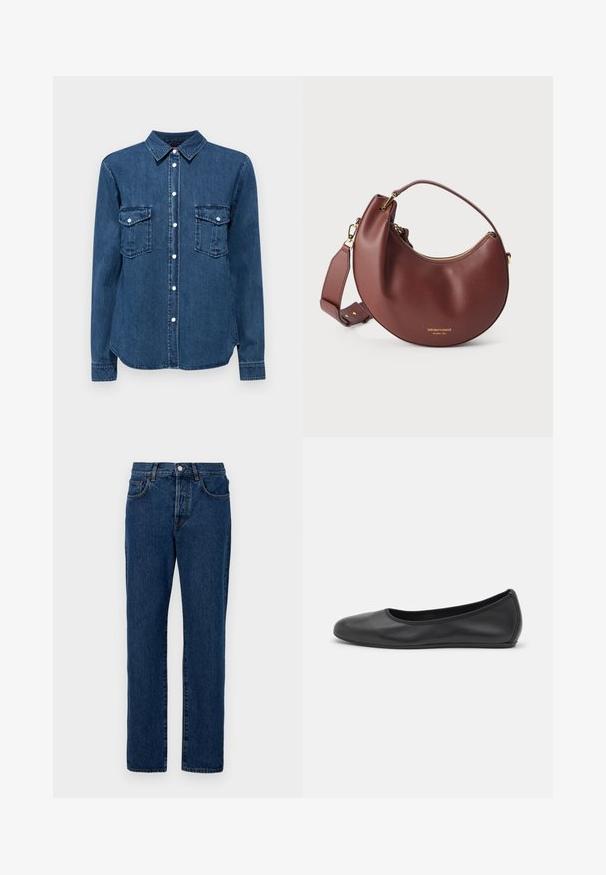 Camisa de denim en azul oscuro, con cuello, cierre de botones en la parte delantera y dos bolsillos en el pecho con solapas. Mangas largas con puños abotonados.; Jeans de mezclilla en azul oscuro, con un corte clásico de pierna recta, cinco bolsillos y costuras visibles. La tela tiene una ligera textura.; Bailarina de piel negra con punta redondeada, textura suave, detalle de costura minimalista y diseño de suela flexible.; Bolso de mano marrón de cuero con forma de media luna, cremallera dorada y asa ajustable sobre fondo blanco.