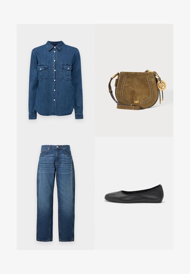 Camisa de denim en azul oscuro, con cuello, cierre de botones en la parte delantera y dos bolsillos en el pecho con solapas. Mangas largas con puños abotonados.; Jeans de mezclilla azul oscuro, diseño de pierna recta, cinco bolsillos y costura de cobre en las costuras. Textura suave con ligero desvanecimiento en la tela.; Bailarina de piel negra con punta redondeada, textura suave, detalle de costura minimalista y diseño de suela flexible.; Bolso tipo bandolera de ante color oliva con ribete trenzado, correa ajustable y logotipo MK en tono dorado con charm sobre fondo claro.