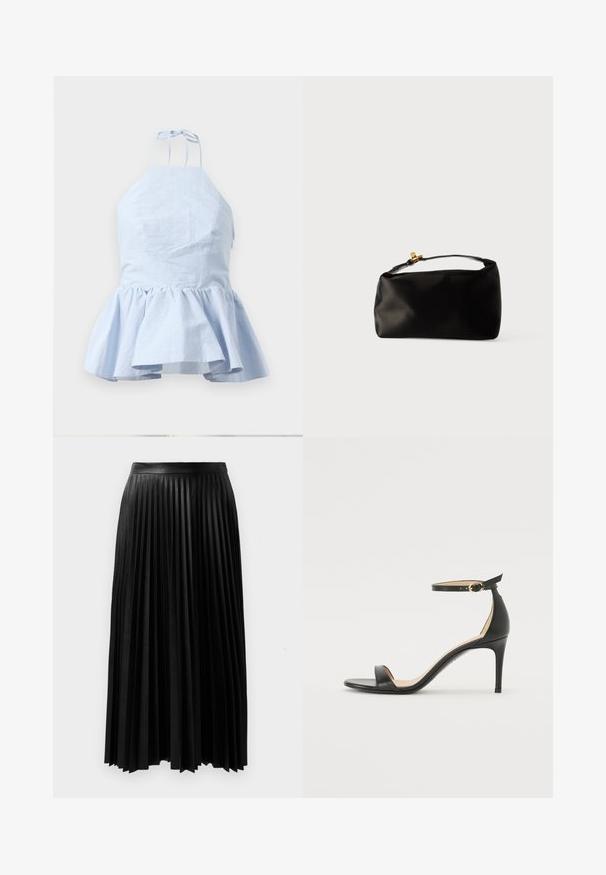 Svetlomodrá halter top s peplum dizajnom, má tenké ramienka, štruktúrovanú látku a zberaný spodný okraj pre rozšírený siluetu.; Čierna plisovaná sukňa vyrobená z textúrovaného materiálu, s priliehavým pásom a dlhými, splývavými plisami s dĺžkou až po stred lýtok.; Čierne kožené sandále na vysokom podpätku s popruhom okolo členka. Vlastnosti hladkého povrchu, otvorenej špičky a tenkého podpätku. Detail zlatého spony.; Čierna saténová taška v tvare guľatého pohlavia, s hornou rúčkou a zlatým zapínaním. Hladký povrch s minimalistickým dizajnom.