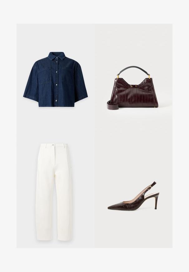Chemise en jean bleu foncé courte avec manches courtes larges, deux poches poitrine à l'avant et fermeture à boutons devant sur fond clair.; Pantalons blancs ajustés avec une coupe droite, plis avant, fermeture éclair et bouton, et poches latérales. Tissu lisse avec une finition mate.; Escarpin slingback en cuir brun foncé à texture crocodile, bout pointu et talon stiletto de hauteur moyenne sur fond uni.; Sac à main en cuir bordeaux foncé avec motif texturé, poignée supérieure noire, accessoires dorés et bandoulière amovible sur fond blanc.