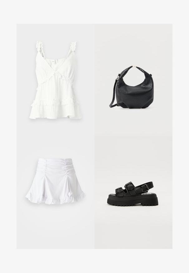Blusa de tela blanca con tirantes con volantes y capas, que presenta un escote en V y un corte holgado. Confeccionada en material ligero, ideal para el clima cálido.; Falda blanca de tela texturizada con detalles fruncidos y dobladillo con volantes. Presenta un diseño acampanado con una cintura ajustada.; Sandalias de plataforma negras con tres correas ajustables de hebilla, una suela texturizada y una parte superior suave. Diseñadas con una silueta robusta y gruesa.; Bolso de mano de cuero negro trenzado con asa corta y correa de hombro desmontable, exhibido sobre un fondo claro y liso.