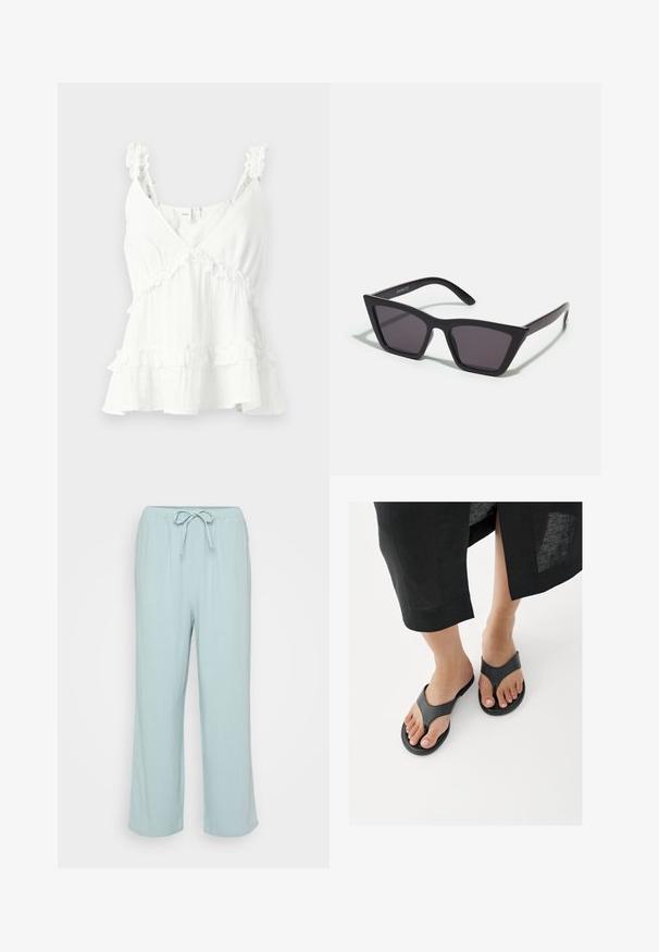 Blusa de tela blanca con tirantes con volantes y capas, que presenta un escote en V y un corte holgado. Confeccionada en material ligero, ideal para el clima cálido.; Pantalones de lounge de pierna ancha en azul claro, con una cintura elástica ajustable. Hechos de una tela suave y transpirable con una textura lisa.; Primer plano de pies con sandalias negras de cuero tipo chancla y el dobladillo de una falda negra visible por encima de los tobillos sobre un suelo blanco.; Gafas de sol negras y angulares con lentes grises; fabricadas en plástico, con varillas gruesas de superficie suave y sin herrajes visibles.
