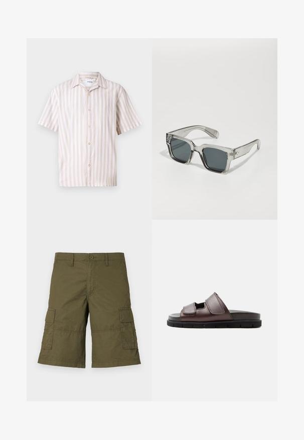 Chemise en lin à manches courtes avec des rayures verticales crème et beige, un col classique et une patte de boutonnage à l'avant ornée de boutons ronds dorés.; Shorts cargo vert olive avec fermeture à bouton, plusieurs poches latérales et détails cousus. Fabriqués en tissu durable avec une coupe décontractée.; Sandale en cuir marron avec deux brides Velcro ajustables et une semelle noire coussinée sur fond blanc.; Lunettes de soleil claires et surdimensionnées avec des verres foncés, dotées d'une monture rectangulaire épaisse et d'accents texturés sur les branches. Fabriquées en plastique transparent.
