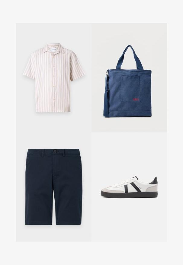 Linned kortærmet skjorte med vertikale creme- og beige striber, en klassisk krave og en frontknapstolpe med runde guldk napper.; Marineblå shorts lavet af en blanding af bomuldsstof, med knaplukning, bæltesløjfer og lige kant med minimal detaljer.; Hvide sneakers med sorte og grå detaljer, med en tekstureret grå tåhætte, sort gummisål og flade hvide snørebånd. Rent design, minimalistisk stil.; Blå lærredstote taske med frontlomme og rød "O.N.S" broderi, med to håndtag og en justerbar skulderrem.