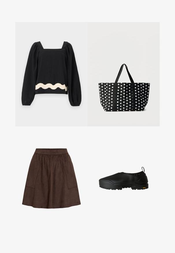 Zwarte blouse met lange mouwen, een vierkante halslijn en pofmouwen, met een witte golvende rand bij de zoom.; Bruine suède rok met een elastische tailleband, voorzien van zijzakken en een uitlopende pasvorm. Gladde textuur en een lengte tot de knie.; The North Face BASE CAMP WP MULE - Instappers - tnf black tnf black; Zwarte draagtas met witte stippen, voorzien van twee zwarte stoffen handvatten en een brede rechthoekige vorm tegen een effen achtergrond.