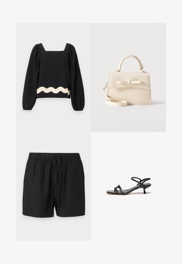 Sort langærmet bluse med firkantet udskæring og puffede ærmer, med en hvid bølget kant nær kanten.; Sorte afslappede shorts med elastisk talje og snor foran, lavet af letvægtsstof, vist mod en neutral baggrund.; Sorte lædersandaler med et slankt, minimalistisk design. Har to tynde remme og en lille, skrå hæl. Glat tekstur og åben tå.; Lille beige håndtaske med top-håndtag, aftagelig rem, forreste klap og dekorativ vandret sløjfe på en ensfarvet baggrund.